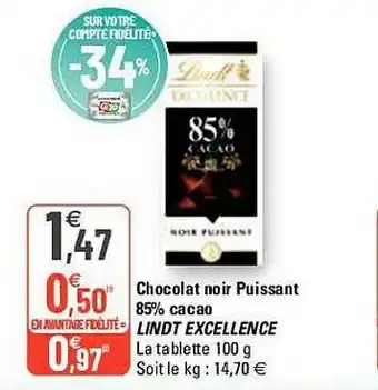 G20 Chocolat Noir Puissant 85% Cacao Lindt Excellence offre