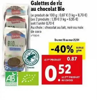Lidl Galettes De Riz Au Chocolat Bio Sondey offre