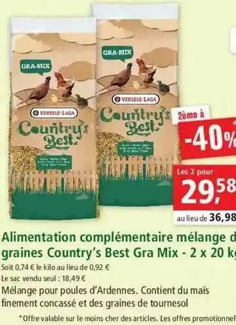 Alimentation Complémentaire Mélange De Graines Country's Best Gra Mix - 2 X 20 Kg