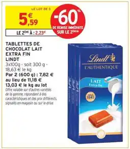 Intermarché Tablettes De Chocolat Lait Extra Fin Lindt offre