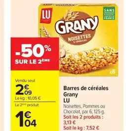 Carrefour LU Barres de céréales Grany offre