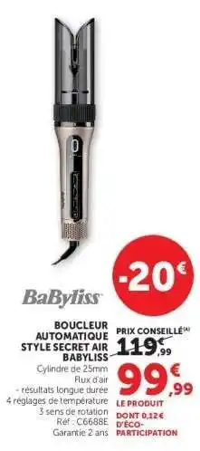 Hyper U Boucleur Automatique Style Secret Air Babyliss offre