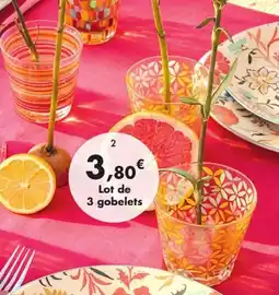 E.Leclerc Lot de 3 gobelets bas conique décor jasmine, sunset et pois en verre offre