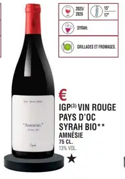 E.Leclerc Igp vin rouge pays d'oc syrah bio amnésie offre