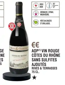 E.Leclerc Aop vin rouge côtes du rhône sans sulfites ajoutés rives & terrasses offre