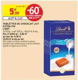 Intermarché Hyper Lindt tablettes de chocolat lait extra fin offre