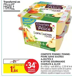 Intermarché Charles & alice compote pomme/ pomme- poire sans sucres ajoutés en offre gourmande offre