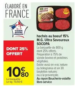 Carrefour SOCOPA Hachés au boeuf 15% M.G. Ultra Savoureux offre