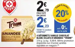 E.Leclerc 4 batonnets vanille chocolat blanc éclats d'amandes trium offre