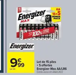 Carrefour ENERGIZER Lot de 15 piles + 5 offertes Energizer Max AA/LR6 offre