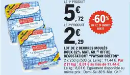 E.Leclerc Paysan breton lot de 2 beurres moulés doux 82% mat. gr. offre dégustation offre