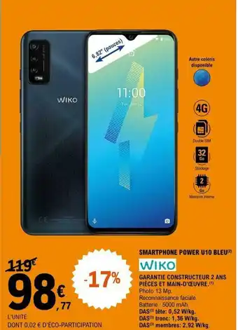 E.Leclerc Smartphone power U10 bleu offre