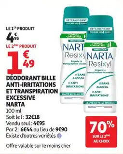 Auchan Supermarché Déodorant bille anti-irritations et transpiration excessive narta offre