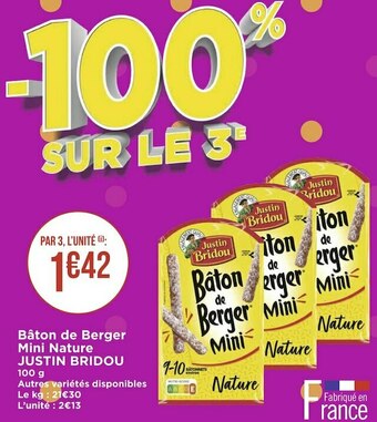Géant Casino Justin bridou bâton de berger mini nature offre