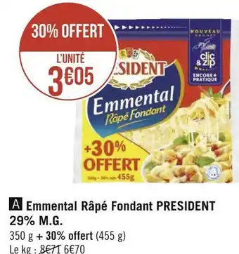 Géant Casino President emmental râpé fondant 29% m.g offre