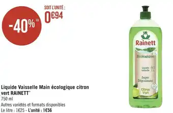 Géant Casino Rainett liquide vaisselle main écologique citron vert* offre
