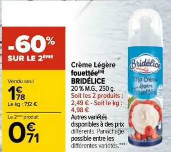 Carrefour Bridélice crème légère fouettée offre