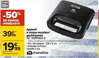 Carrefour Mandine appareil à croque-monsieur/ gaufre/panini offre