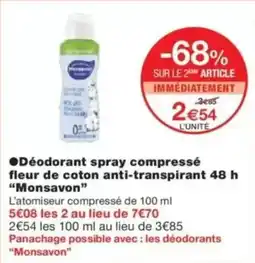 Monop' Déodorant spray compressé fleur de coton anti-transpirant 48 h monsavon offre
