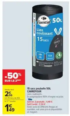 Carrefour Market 15 sacs poubelle 50L CARREFOUR offre