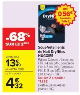 Carrefour Sous-vêtements de nuit DryNites Huggies offre