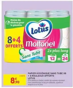 Intermarché PAPIER HYGIÉNIQUE SANS TUBE X8 + 4 ROULEAUX OFFERTS LOTUS offre