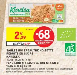 Intermarché Karelea sablés bio épeautre noisette réduits en sucre offre