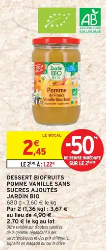 Intermarché Jardin bio dessert biofruits pomme vanille sans sucres ajoutés offre