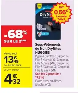 Carrefour HUGGIES Sous-Vêtements de Nuit DryNites offre