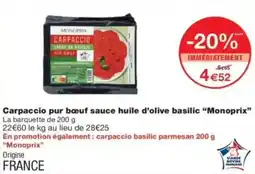 Monop' Carpaccio pur bœuf sauce huile d'olive basilic monoprix offre