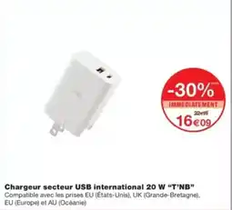 Monop' Chargeur secteur USB international 20 W T'NB offre