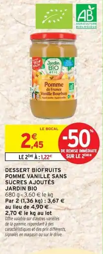 Intermarché JARDIN BIO Dessert biofruits pomme vanille sans sucres ajoutés offre