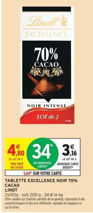Intermarché LINDT Tablette excellence noir 70% cacao offre