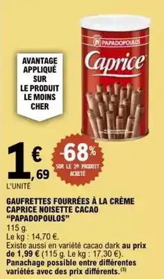 E.Leclerc Papadopoulos - gaufrettes fourrées à la crème caprice noisette cacao offre