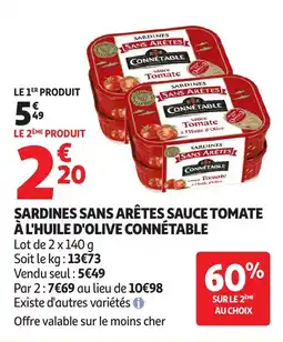 Auchan Sardines sans arêtes sauce tomate à l'huile d'olive connétable offre