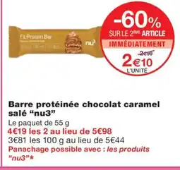 Monoprix NU3 Barre protéinée chocolat caramel salé offre