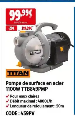Screwfix Titan pompe de surface en acier 1100w ttb849pmp offre