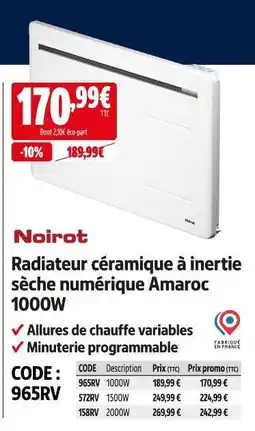 Screwfix Noirot radiateur céramique à inertie sèche numérique amaroc 1000w offre