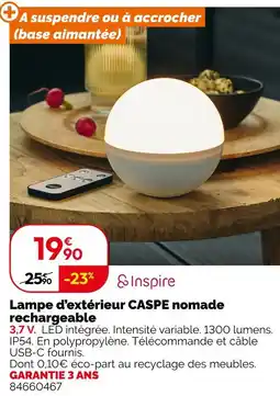 Weldom Inspire lampe d'extérieur caspe nomade rechargeable offre