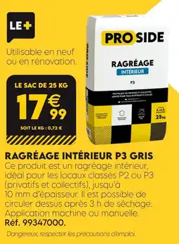 Tout faire matériaux Proside ragréage intérieur p3 gris offre