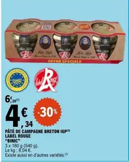 E.Leclerc PÂTÉ DE CAMPAGNE BRETON IGP LABEL ROUGE BINIC offre