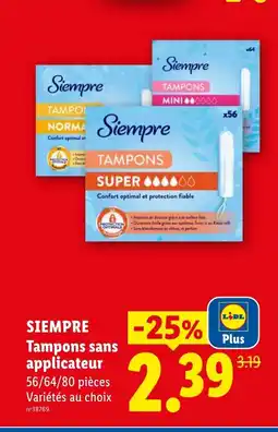Lidl SIEMPRE Tampons sans applicateur offre