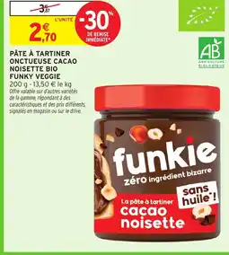 Intermarché FUNKY VEGGIE Pâte à tartiner onctueuse cacao noisette bio offre