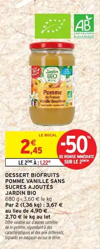 Intermarché JARDIN BIO Dessert biofruits pomme vanille sans sucres ajoutés offre
