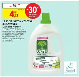 Intermarché L'ARBRE VERT Lessive savon végétal 34 lavages offre