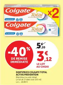 U Express Dentifrice colgate total active prevention offre