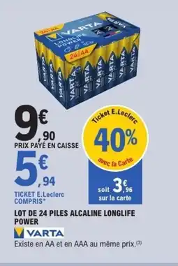 E.Leclerc VARTA Lot de 24 piles alcaline longlife power offre