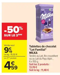 Carrefour MILKA Tablettes de chocolat Lot Familial offre