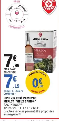 E.Leclerc VIEUX CARION Igp vin rosé pays d'oc merlot offre
