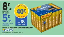 E.Leclerc VARTA Lot de 24 piles aaa alcalines longlife offre